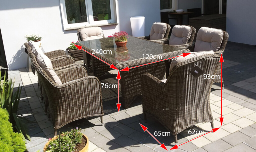 CASTOR 8 – rysunek wymiarów stołu 240 × 120 cm i foteli