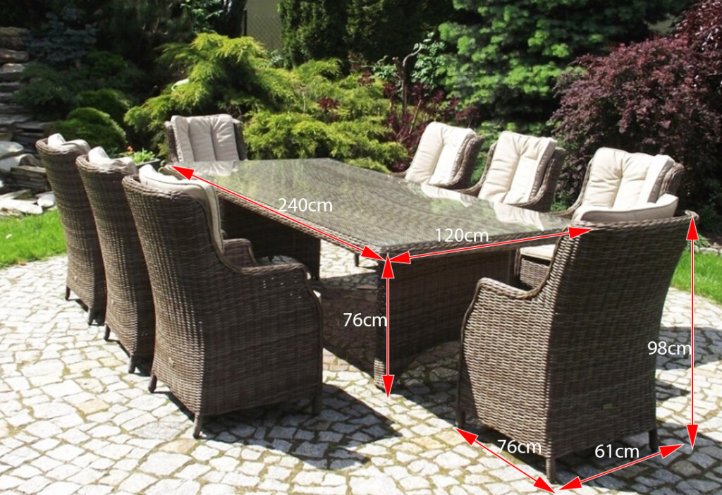 SIENA 8 – wymiary stołu 240×120 cm i rozstaw foteli (zestaw ogrodowy)