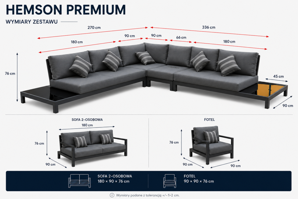 DUŻY NAROŻNIKA ALUMINIOWY HEMSON PREMIUM - WYMIARY 