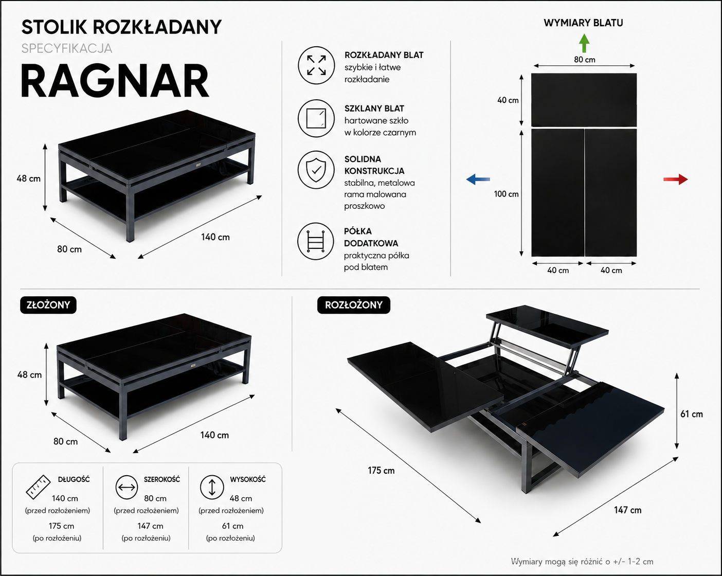 STÓŁ ROZKŁADANY RAGNAR. 4 BLATY SZKLANE - KARTA PRODUKTU - WYMIARY 