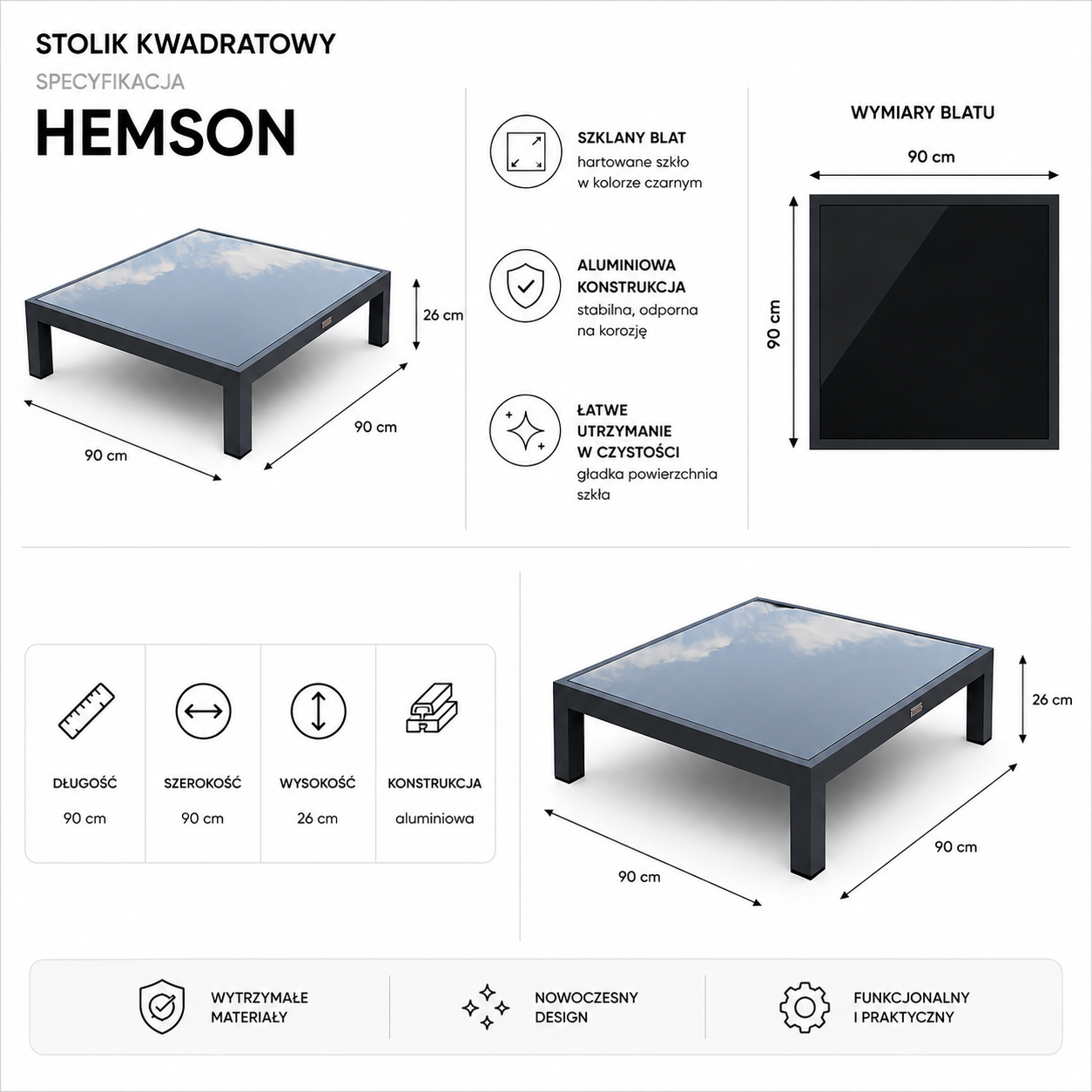 STOLIK HEMSON - KARTA PRODUKTU - WYMIARY 