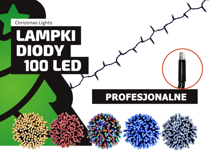Lampki choinkowe łańcuch / SZNUR Profesjonalne Oświetlenie Świąteczne 10 metrów ZEWNĘTRZNE 100 LED Z GNIAZDEM – Światło stałe (LED-100/G)