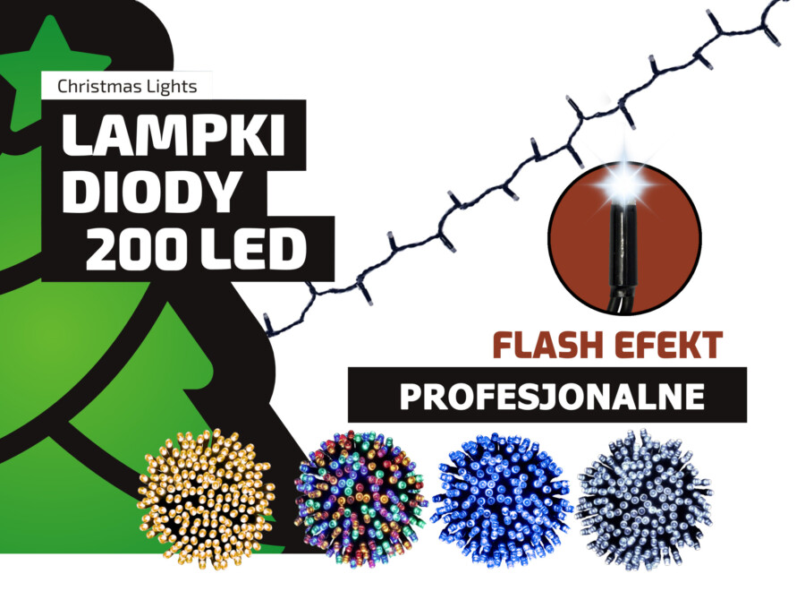 Migające lampki choinkowe łańcuch / SZNUR Profesjonalne Oświetlenie Świąteczne 20 metrów ZEWNĘTRZNE 200 LED Z GNIAZDEM – FLASH EFEKT (LED-200/G/5M)