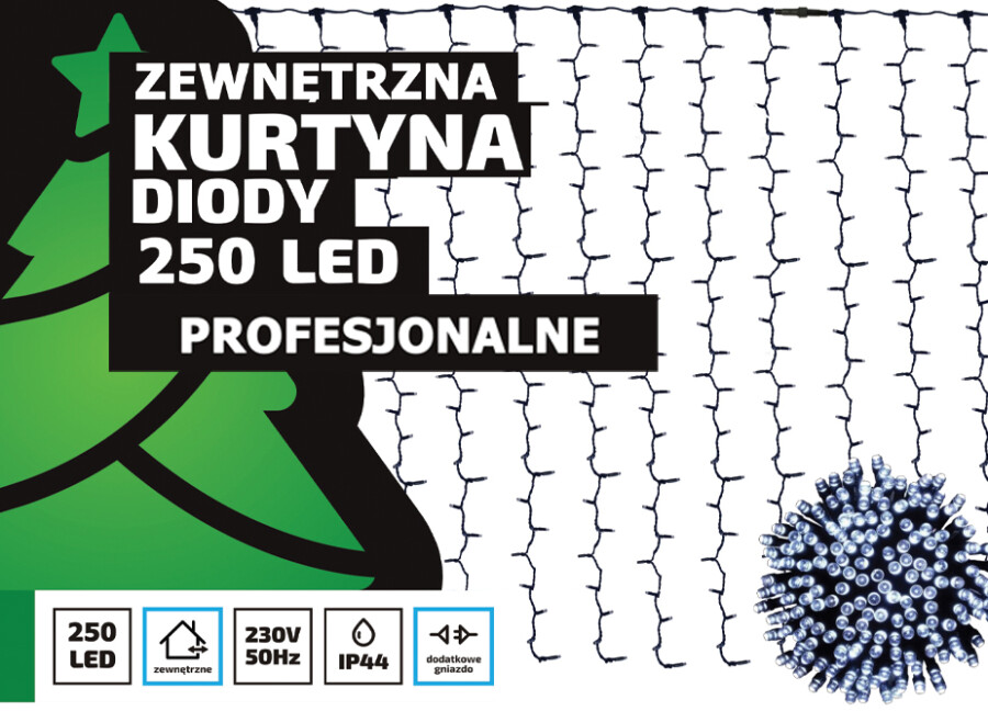KURTYNA LED na okno / ścianę Profesjonalne Oświetlenie Świąteczne 1,2 x 2,5 m ZEWNĘTRZNE 250 LED Z GNIAZDEM – Światło stałe (LED-250/G/K)