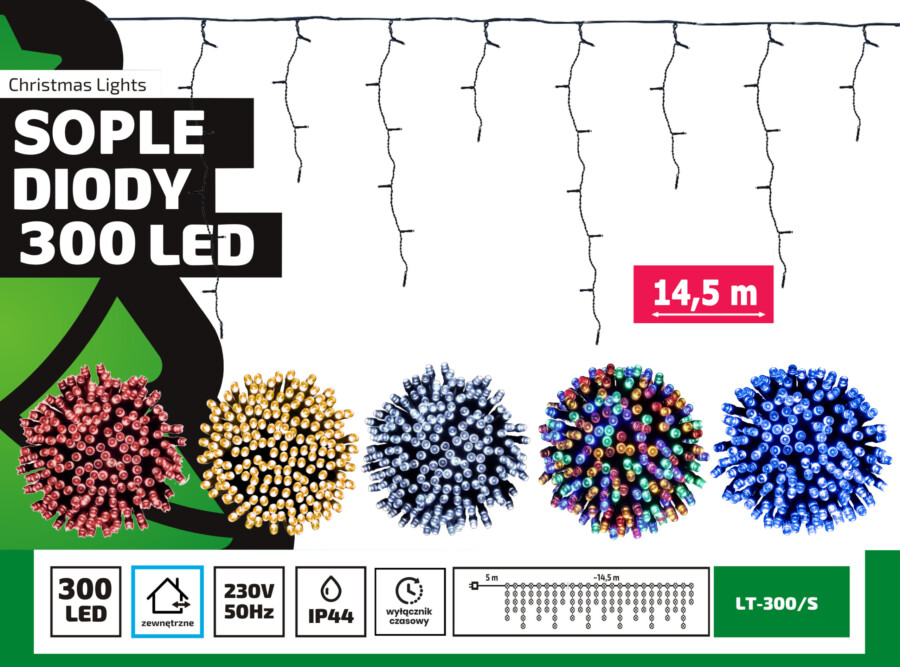 Lampki Sople zwisające 14,5m 300 LED (LT-300/S) Lampki Sople zwisające 14,5m 300 LED (LT-300/S)