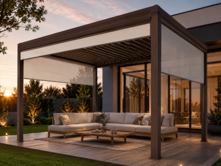 Pergola aluminiowa automatyczna 5x4 m – brązowa | dach i rolety sterowane elektrycznie